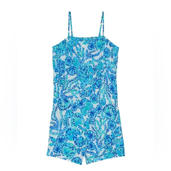 Lilly Pulitzer Girls Jaycee romper in turquoise oasis shell me you love me - Picture 2 of 5